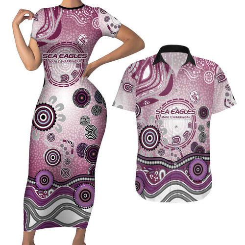Manly Warringah Sea Eagles Rugby Couples Matching Short Sleeve Bodycon Dress and Hawaiian Shirt Australian Aboriginal Dot Painting Style