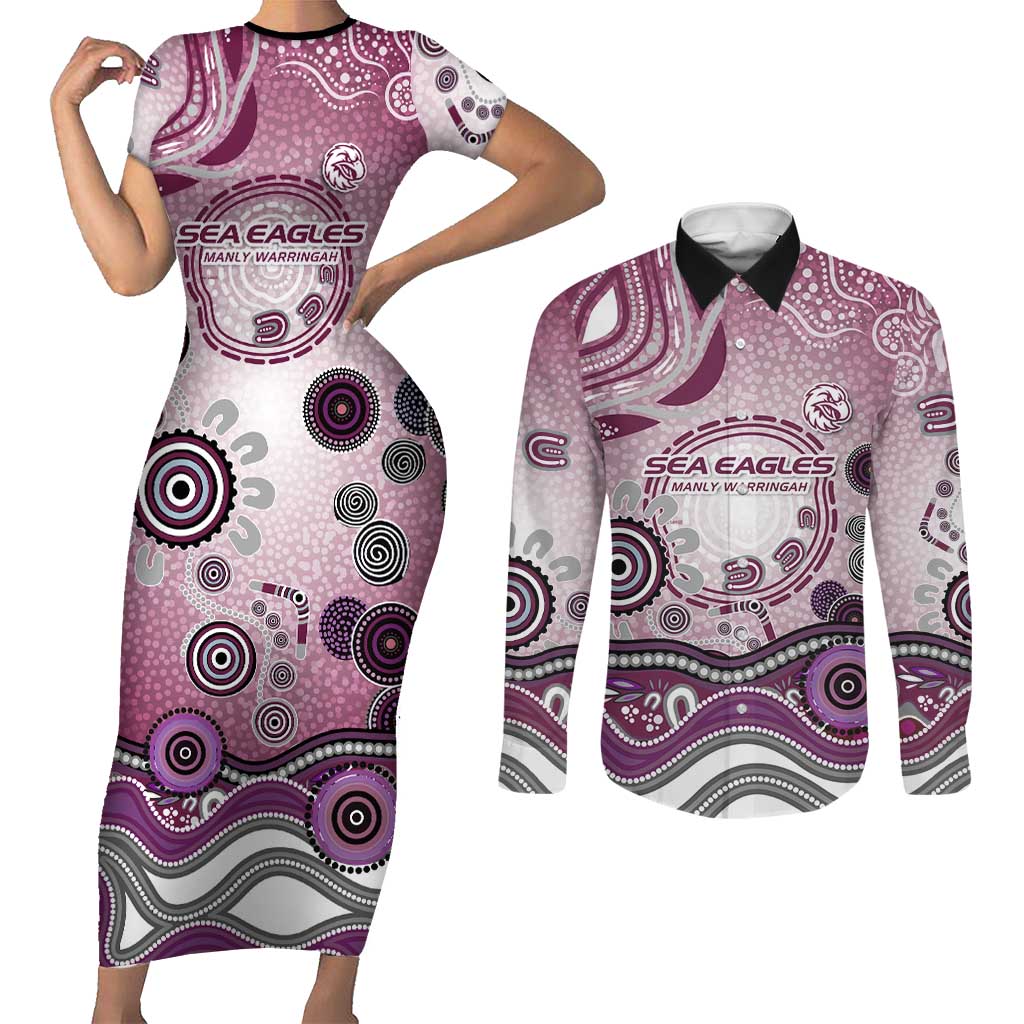 Manly Warringah Sea Eagles Rugby Couples Matching Short Sleeve Bodycon Dress and Long Sleeve Button Shirt Australian Aboriginal Dot Painting Style