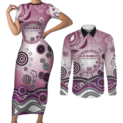 Manly Warringah Sea Eagles Rugby Couples Matching Short Sleeve Bodycon Dress and Long Sleeve Button Shirt Australian Aboriginal Dot Painting Style