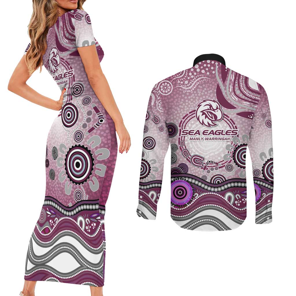 Manly Warringah Sea Eagles Rugby Couples Matching Short Sleeve Bodycon Dress and Long Sleeve Button Shirt Australian Aboriginal Dot Painting Style