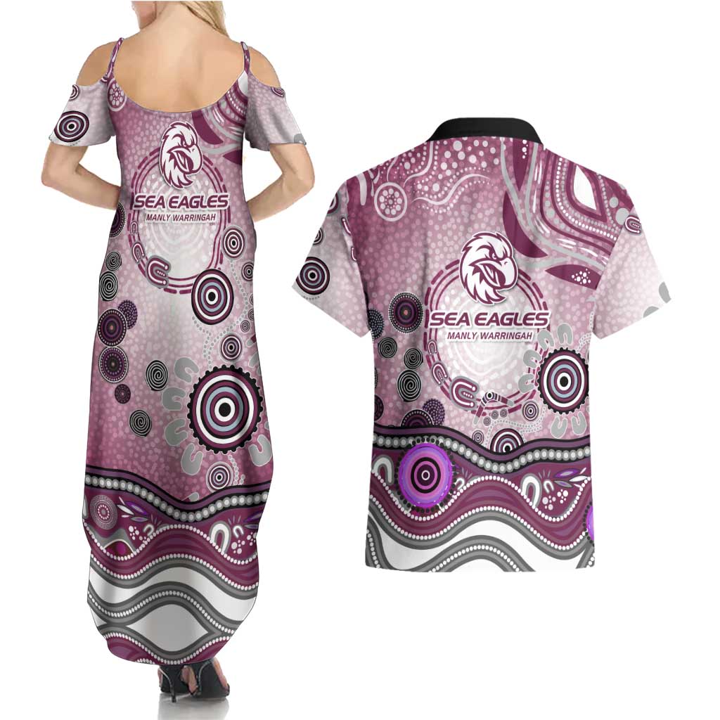 Manly Warringah Sea Eagles Rugby Couples Matching Summer Maxi Dress and Hawaiian Shirt Australian Aboriginal Dot Painting Style