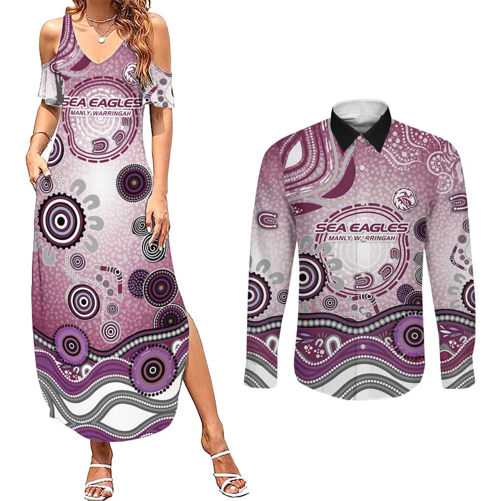 Manly Warringah Sea Eagles Rugby Couples Matching Summer Maxi Dress and Long Sleeve Button Shirt Australian Aboriginal Dot Painting Style