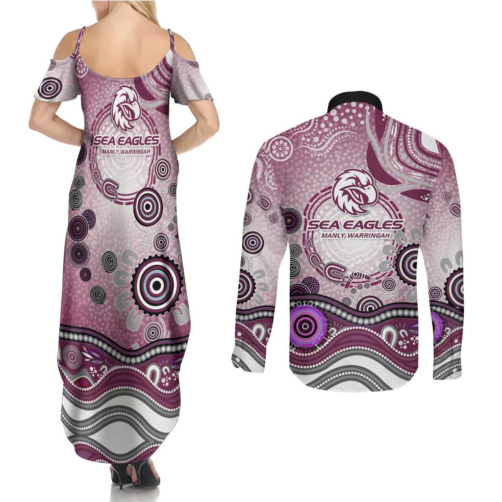 Manly Warringah Sea Eagles Rugby Couples Matching Summer Maxi Dress and Long Sleeve Button Shirt Australian Aboriginal Dot Painting Style