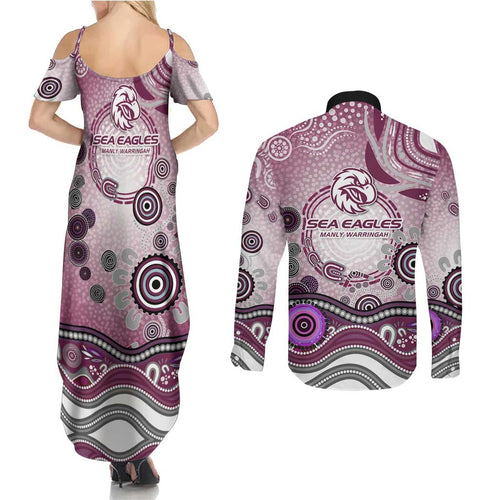 Manly Warringah Sea Eagles Rugby Couples Matching Summer Maxi Dress and Long Sleeve Button Shirt Australian Aboriginal Dot Painting Style