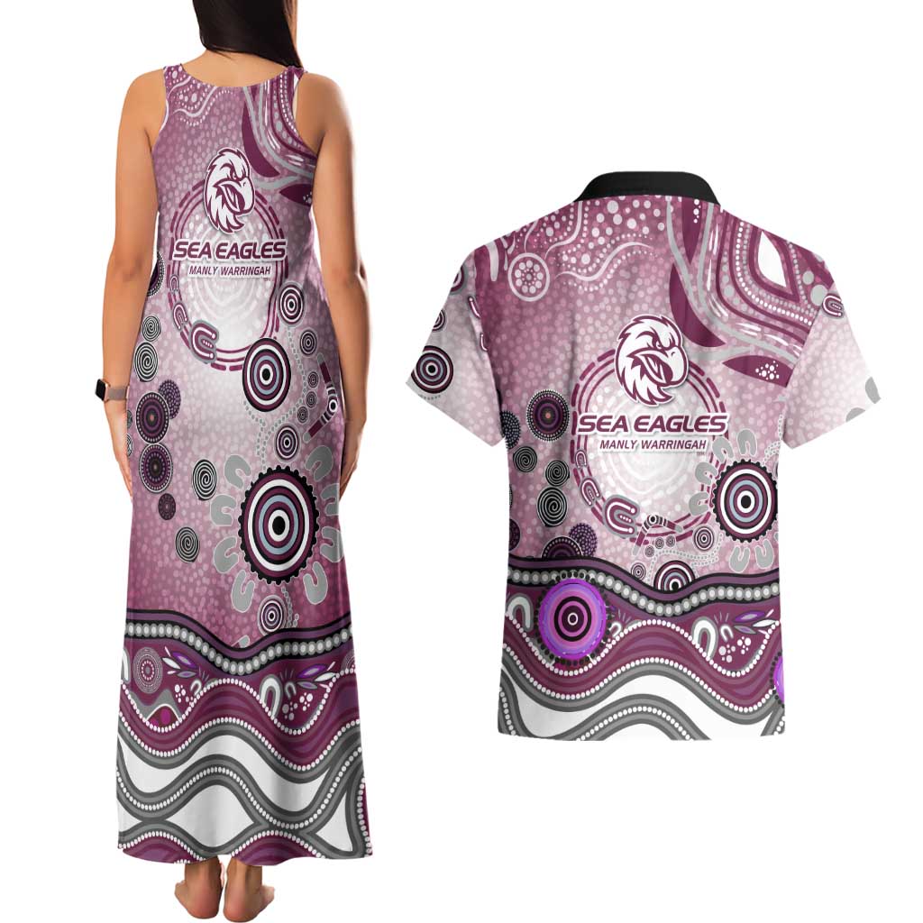 Manly Warringah Sea Eagles Rugby Couples Matching Tank Maxi Dress and Hawaiian Shirt Australian Aboriginal Dot Painting Style