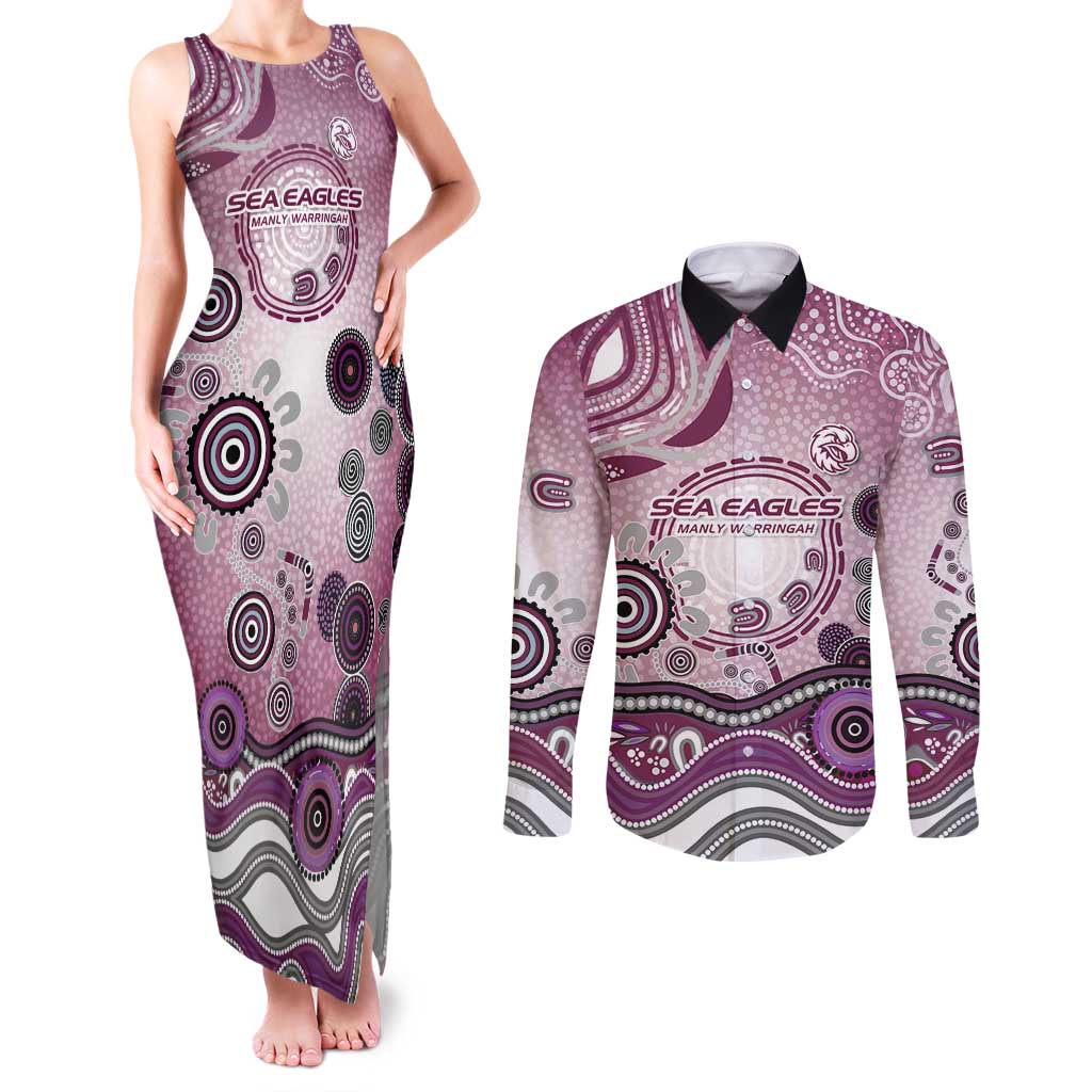 Manly Warringah Sea Eagles Rugby Couples Matching Tank Maxi Dress and Long Sleeve Button Shirt Australian Aboriginal Dot Painting Style