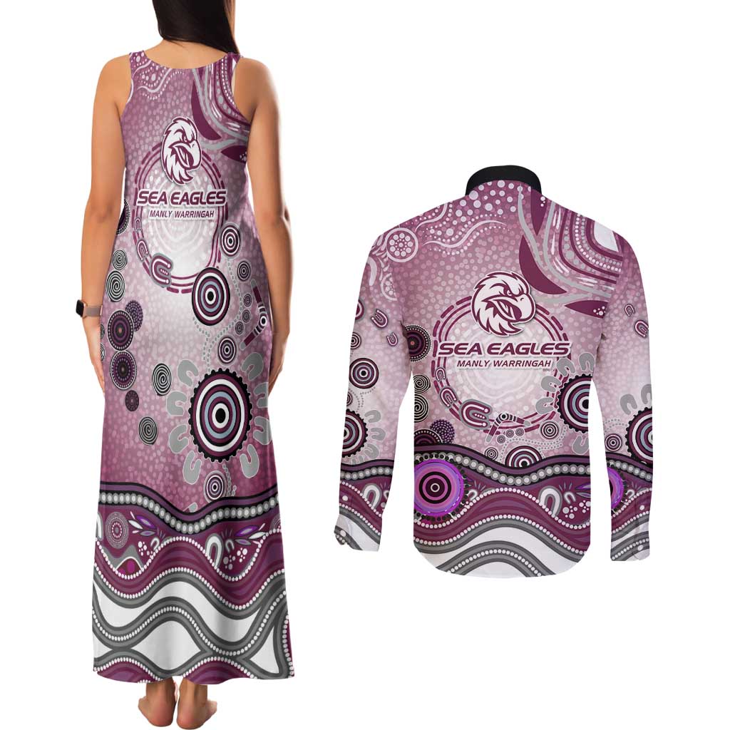 Manly Warringah Sea Eagles Rugby Couples Matching Tank Maxi Dress and Long Sleeve Button Shirt Australian Aboriginal Dot Painting Style