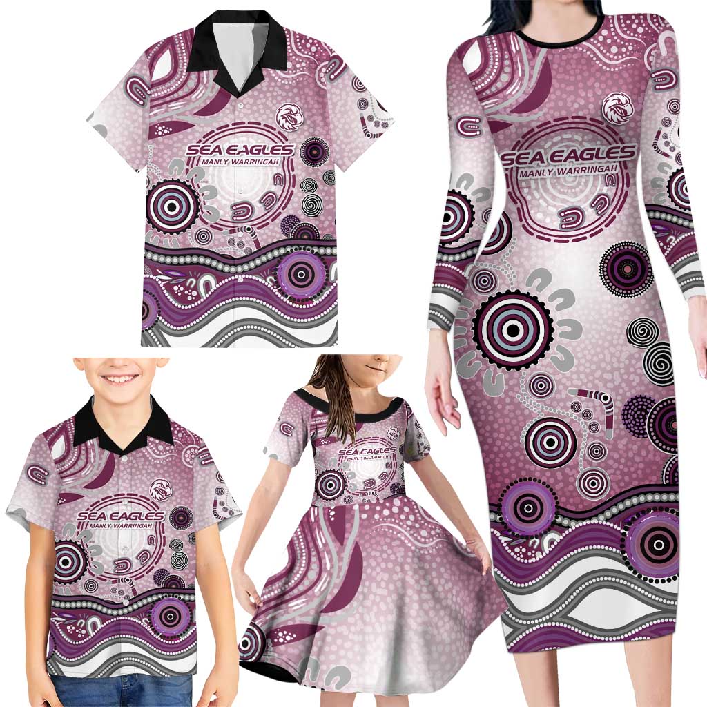 Manly Warringah Sea Eagles Rugby Family Matching Long Sleeve Bodycon Dress and Hawaiian Shirt Australian Aboriginal Dot Painting Style