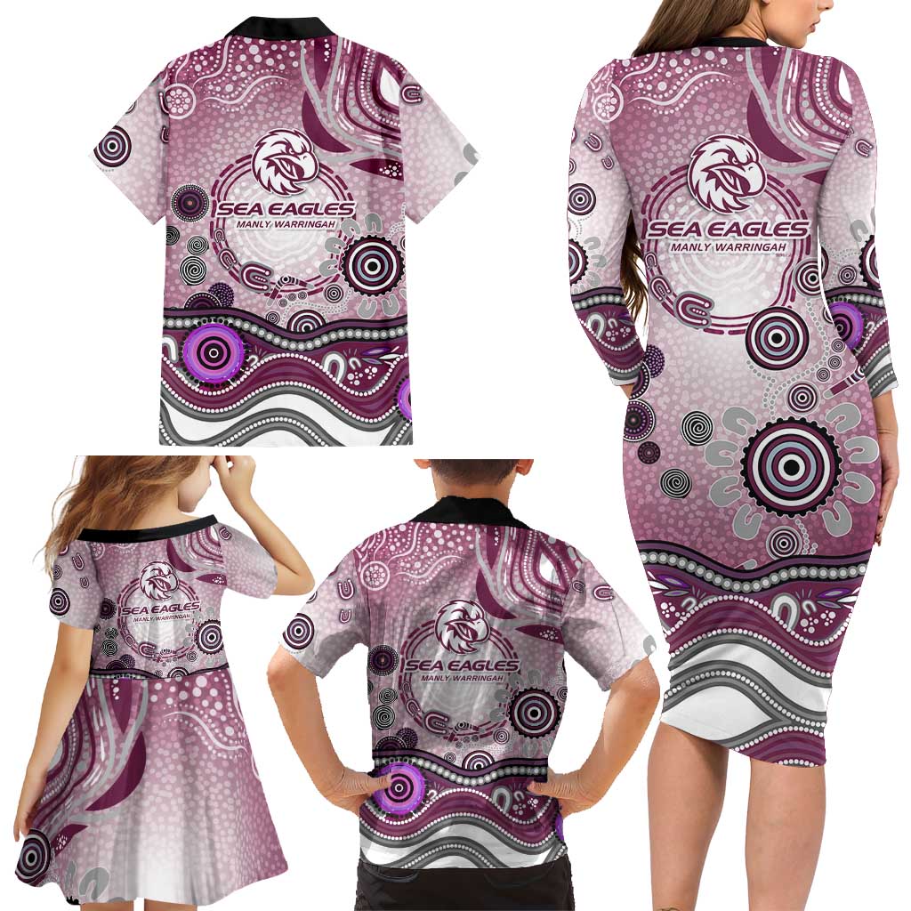 Manly Warringah Sea Eagles Rugby Family Matching Long Sleeve Bodycon Dress and Hawaiian Shirt Australian Aboriginal Dot Painting Style