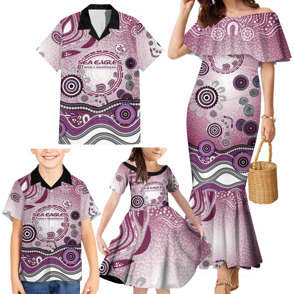 Manly Warringah Sea Eagles Rugby Family Matching Mermaid Dress and Hawaiian Shirt Australian Aboriginal Dot Painting Style