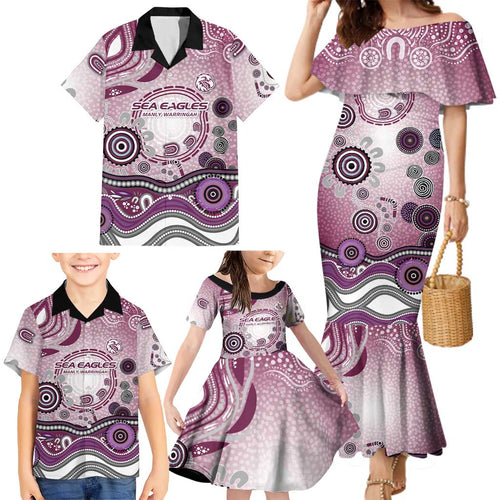 Manly Warringah Sea Eagles Rugby Family Matching Mermaid Dress and Hawaiian Shirt Australian Aboriginal Dot Painting Style