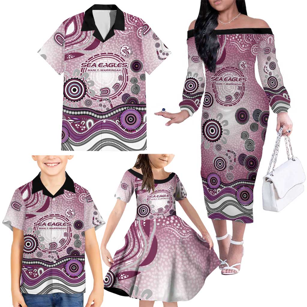 Manly Warringah Sea Eagles Rugby Family Matching Off The Shoulder Long Sleeve Dress and Hawaiian Shirt Australian Aboriginal Dot Painting Style