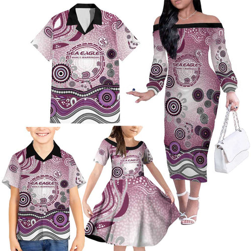 Manly Warringah Sea Eagles Rugby Family Matching Off The Shoulder Long Sleeve Dress and Hawaiian Shirt Australian Aboriginal Dot Painting Style