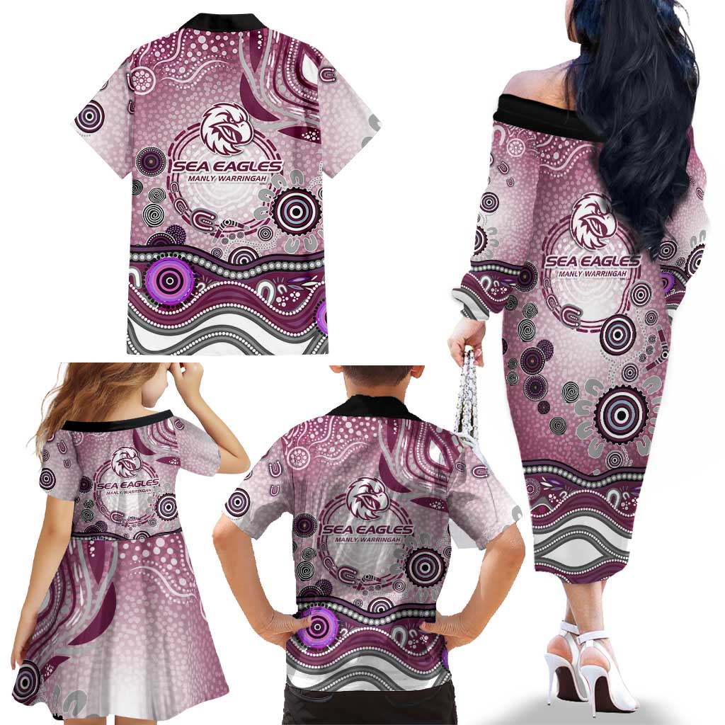 Manly Warringah Sea Eagles Rugby Family Matching Off The Shoulder Long Sleeve Dress and Hawaiian Shirt Australian Aboriginal Dot Painting Style