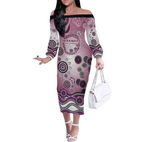 Manly Warringah Sea Eagles Rugby Family Matching Off The Shoulder Long Sleeve Dress and Hawaiian Shirt Australian Aboriginal Dot Painting Style