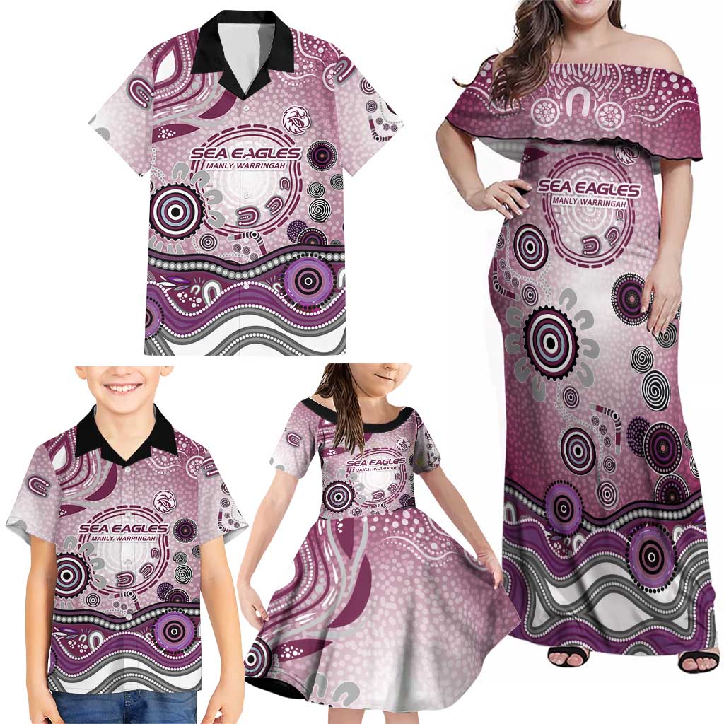 Manly Warringah Sea Eagles Rugby Family Matching Off Shoulder Maxi Dress and Hawaiian Shirt Australian Aboriginal Dot Painting Style