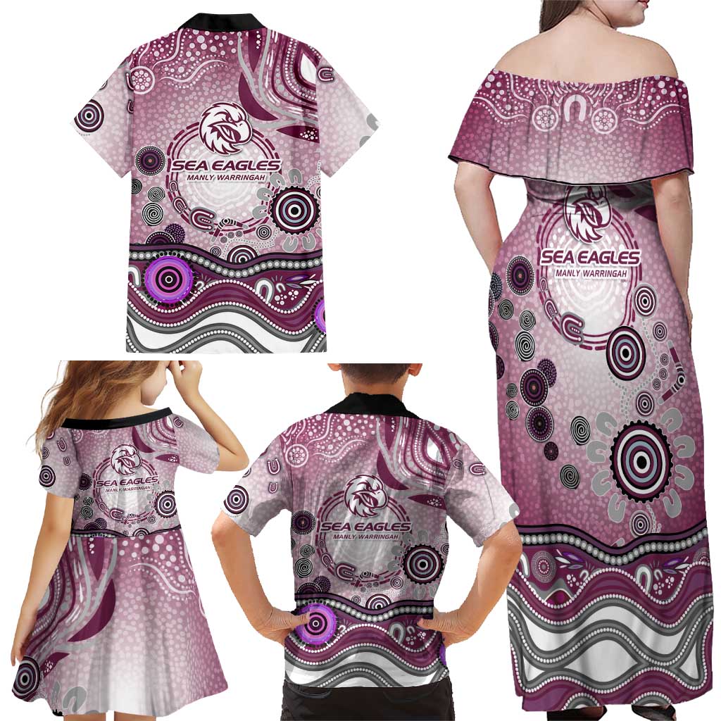 Manly Warringah Sea Eagles Rugby Family Matching Off Shoulder Maxi Dress and Hawaiian Shirt Australian Aboriginal Dot Painting Style