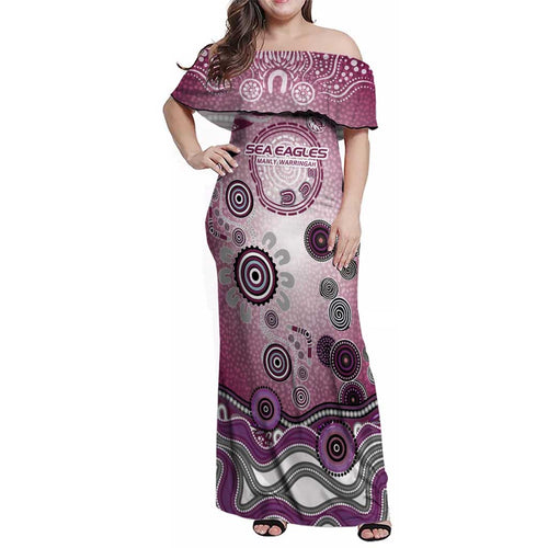 Manly Warringah Sea Eagles Rugby Family Matching Off Shoulder Maxi Dress and Hawaiian Shirt Australian Aboriginal Dot Painting Style