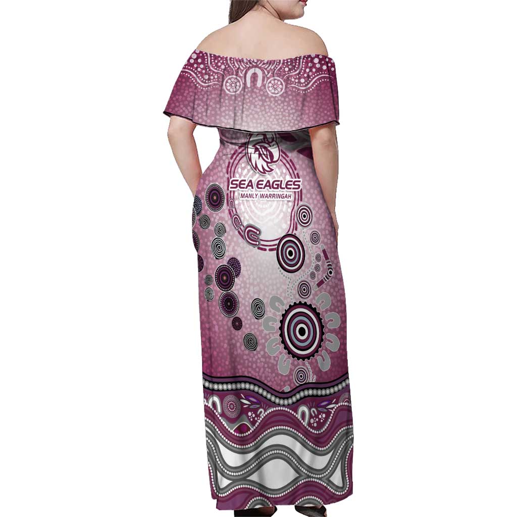 Manly Warringah Sea Eagles Rugby Family Matching Off Shoulder Maxi Dress and Hawaiian Shirt Australian Aboriginal Dot Painting Style