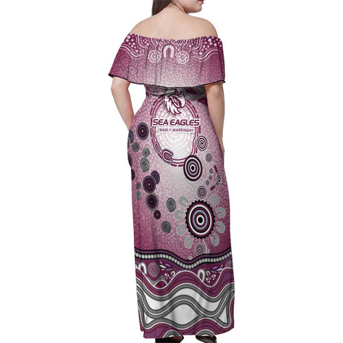 Manly Warringah Sea Eagles Rugby Family Matching Off Shoulder Maxi Dress and Hawaiian Shirt Australian Aboriginal Dot Painting Style