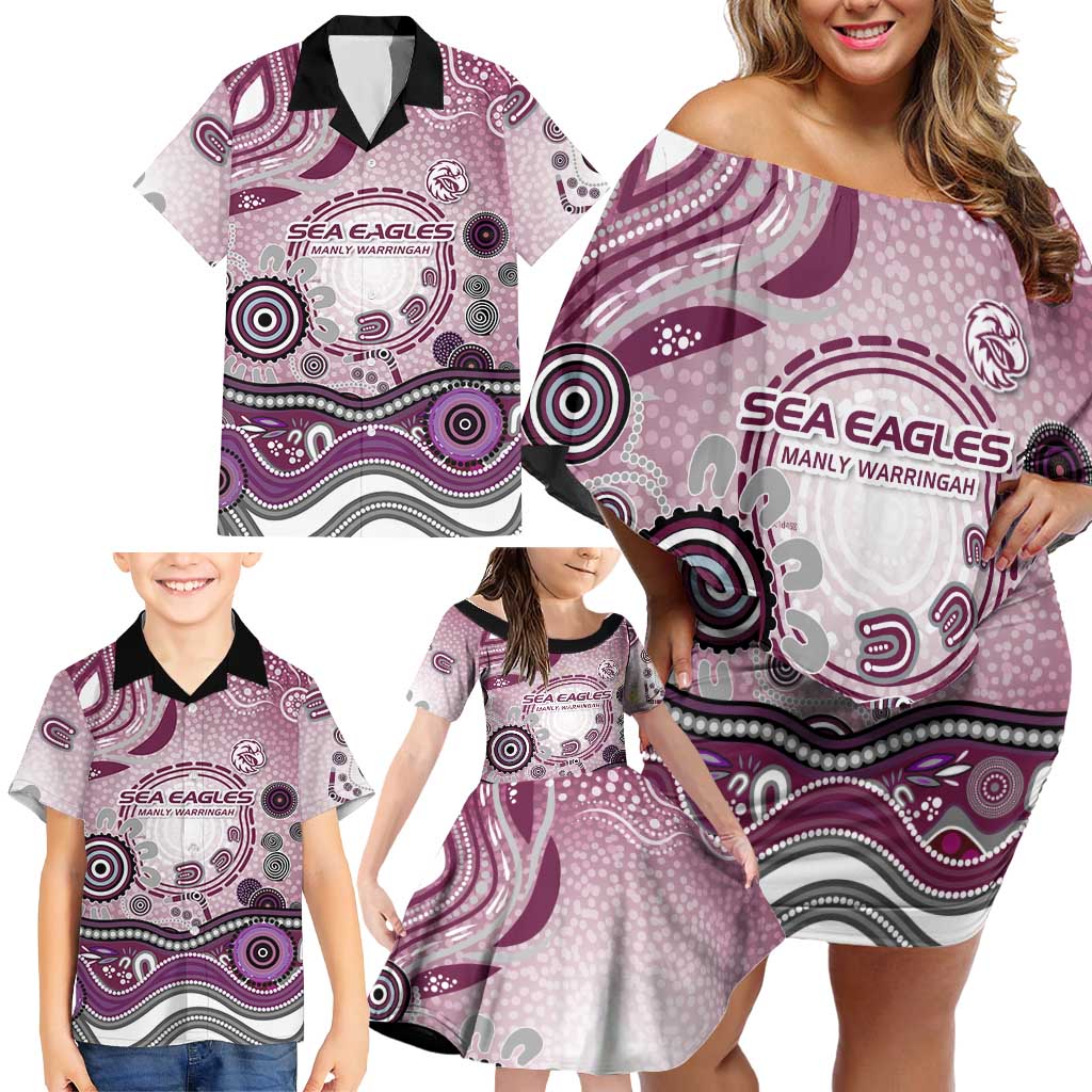 Manly Warringah Sea Eagles Rugby Family Matching Off Shoulder Short Dress and Hawaiian Shirt Australian Aboriginal Dot Painting Style