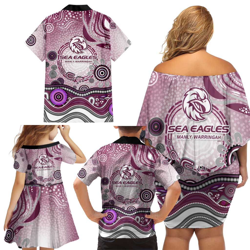 Manly Warringah Sea Eagles Rugby Family Matching Off Shoulder Short Dress and Hawaiian Shirt Australian Aboriginal Dot Painting Style