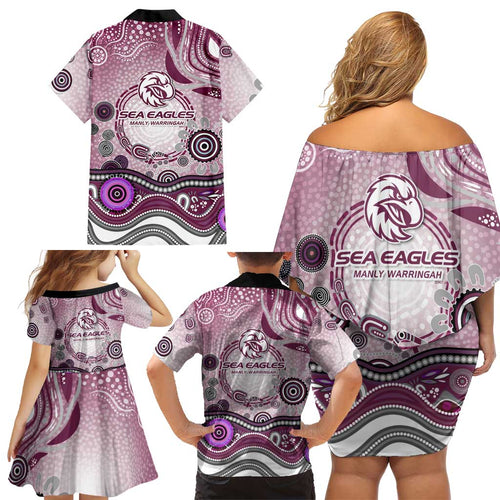 Manly Warringah Sea Eagles Rugby Family Matching Off Shoulder Short Dress and Hawaiian Shirt Australian Aboriginal Dot Painting Style