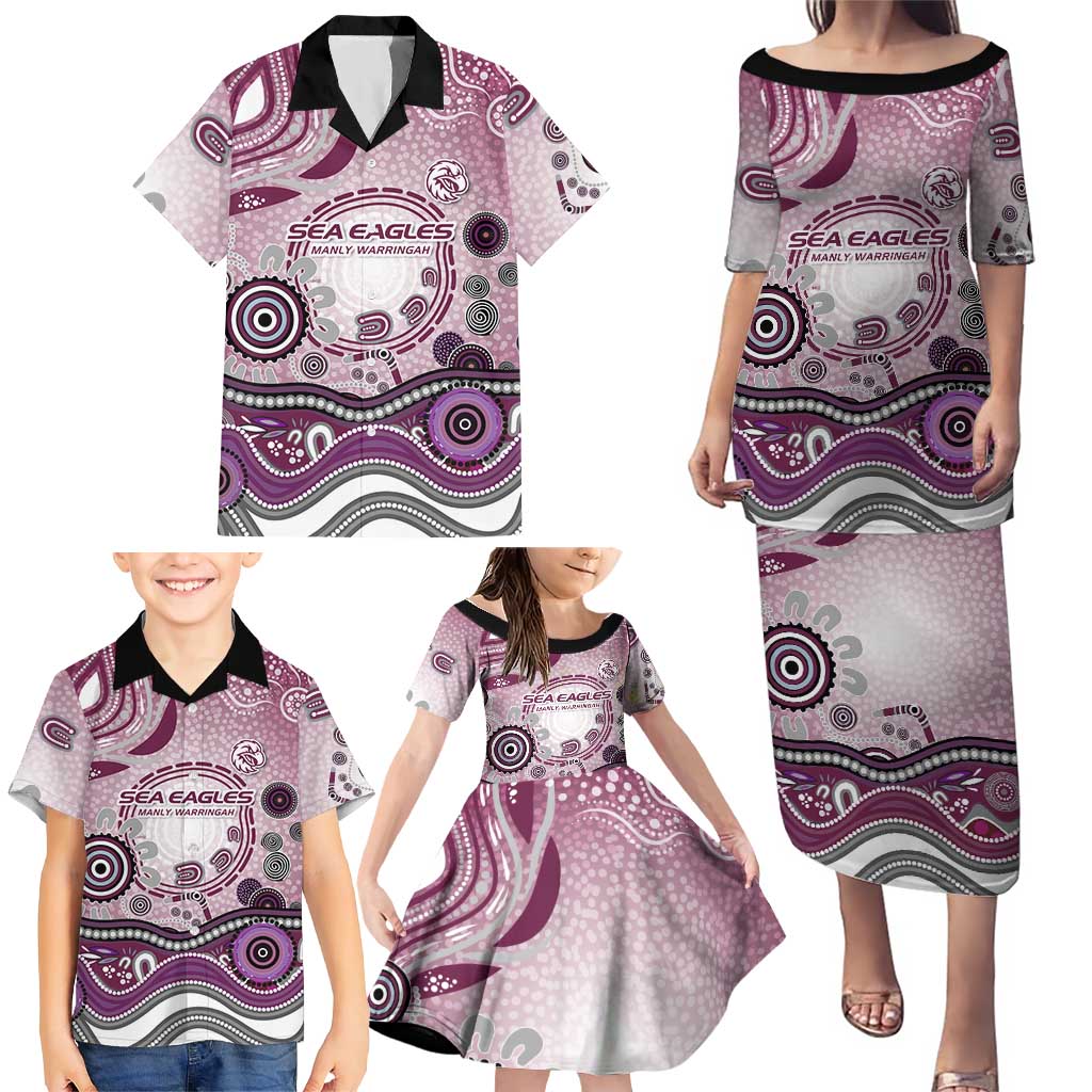 Manly Warringah Sea Eagles Rugby Family Matching Puletasi and Hawaiian Shirt Australian Aboriginal Dot Painting Style