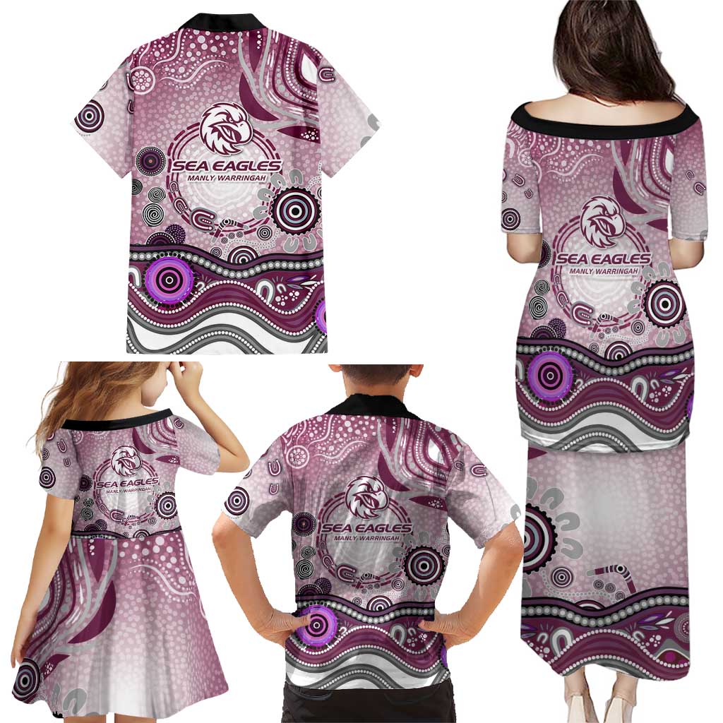 Manly Warringah Sea Eagles Rugby Family Matching Puletasi and Hawaiian Shirt Australian Aboriginal Dot Painting Style
