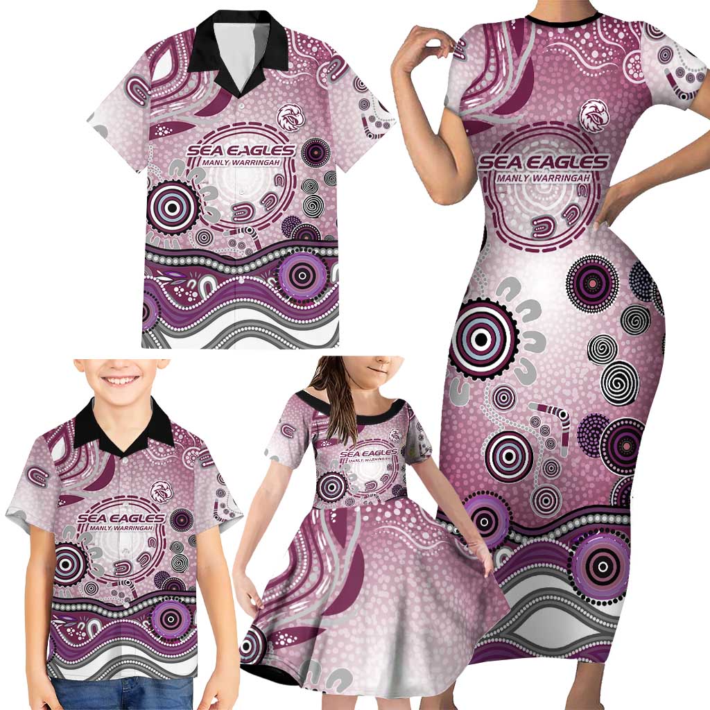 Manly Warringah Sea Eagles Rugby Family Matching Short Sleeve Bodycon Dress and Hawaiian Shirt Australian Aboriginal Dot Painting Style