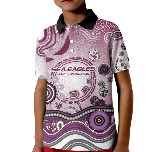 Manly Warringah Sea Eagles Rugby Kid Polo Shirt Australian Aboriginal Dot Painting Style