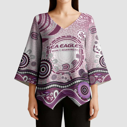 Manly Warringah Sea Eagles Rugby Kimono Sleeve Blouse Australian Aboriginal Dot Painting Style