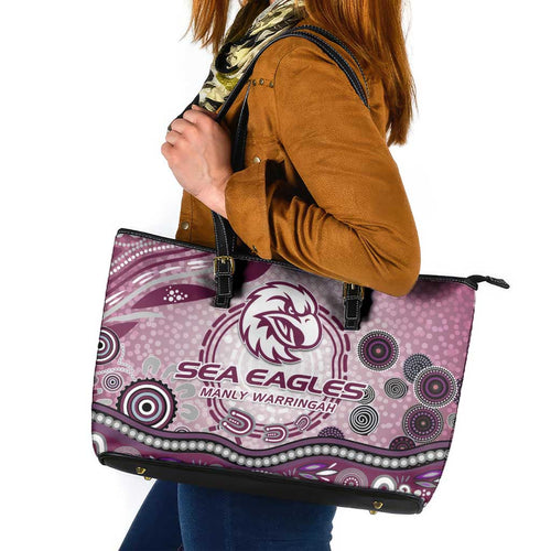 Manly Warringah Sea Eagles Rugby Leather Tote Bag Australian Aboriginal Dot Painting Style