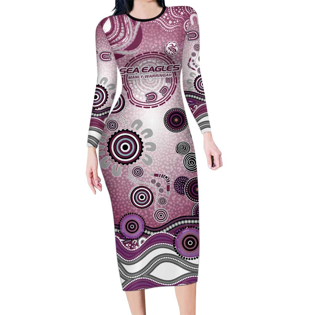 Manly Warringah Sea Eagles Rugby Long Sleeve Bodycon Dress Australian Aboriginal Dot Painting Style