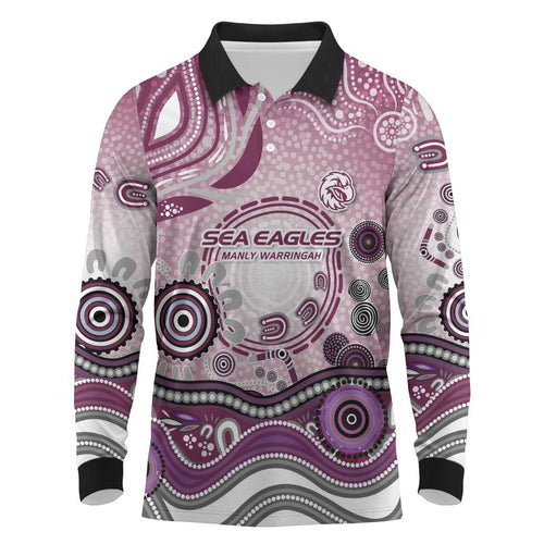 Manly Warringah Sea Eagles Rugby Long Sleeve Polo Shirt Australian Aboriginal Dot Painting Style
