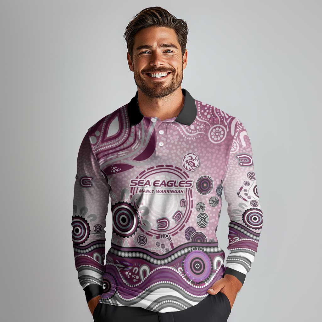 Manly Warringah Sea Eagles Rugby Long Sleeve Polo Shirt Australian Aboriginal Dot Painting Style