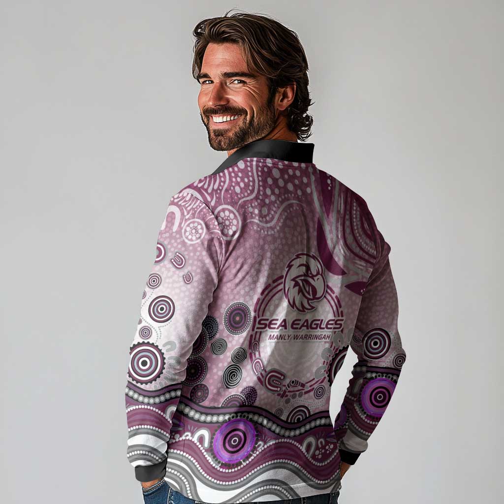 Manly Warringah Sea Eagles Rugby Long Sleeve Polo Shirt Australian Aboriginal Dot Painting Style