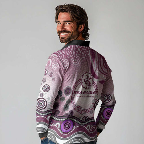 Manly Warringah Sea Eagles Rugby Long Sleeve Polo Shirt Australian Aboriginal Dot Painting Style