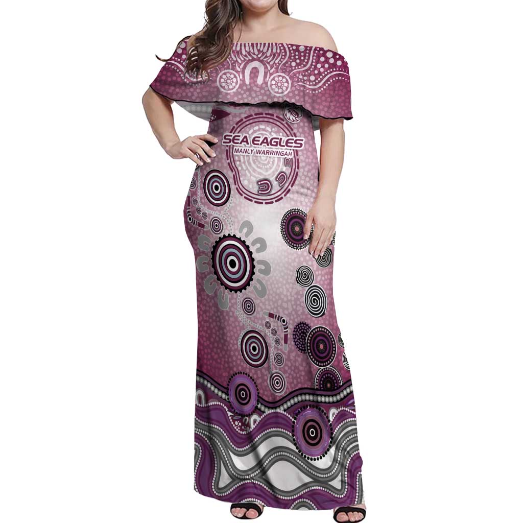 Manly Warringah Sea Eagles Rugby Off Shoulder Maxi Dress Australian Aboriginal Dot Painting Style