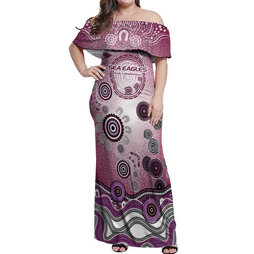 Manly Warringah Sea Eagles Rugby Off Shoulder Maxi Dress Australian Aboriginal Dot Painting Style