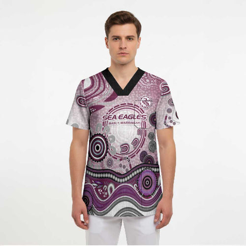 Manly Warringah Sea Eagles Rugby Scrub Top Australian Aboriginal Dot Painting Style
