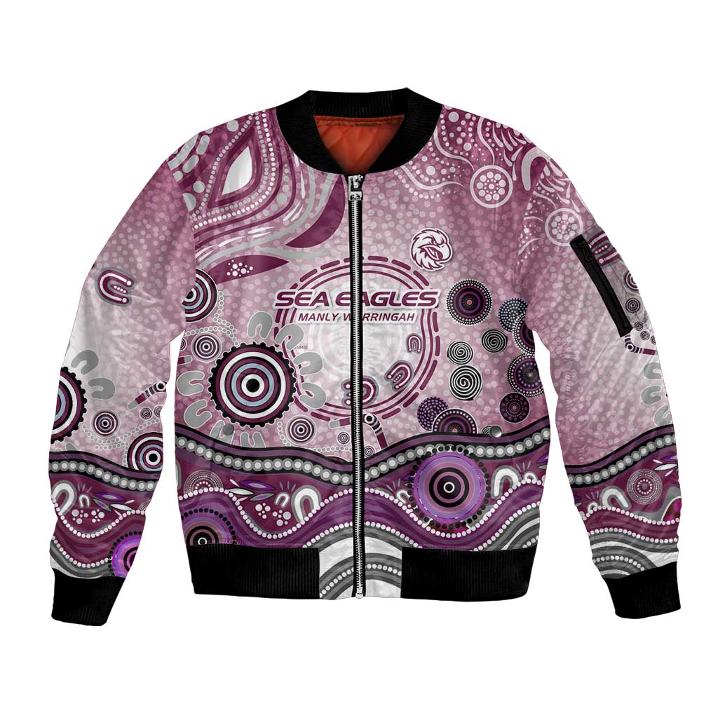 Manly Warringah Sea Eagles Rugby Sleeve Zip Bomber Jacket Australian Aboriginal Dot Painting Style