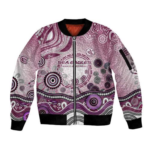 Manly Warringah Sea Eagles Rugby Sleeve Zip Bomber Jacket Australian Aboriginal Dot Painting Style