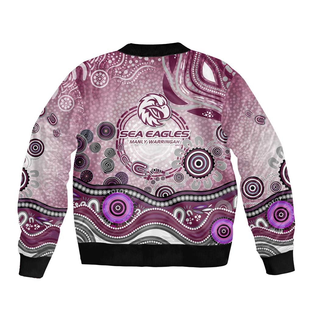 Manly Warringah Sea Eagles Rugby Sleeve Zip Bomber Jacket Australian Aboriginal Dot Painting Style