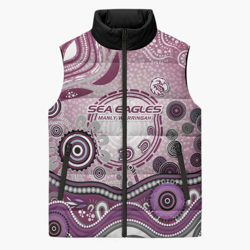 Manly Warringah Sea Eagles Rugby Sleeveless Puffer Jacket Australian Aboriginal Dot Painting Style