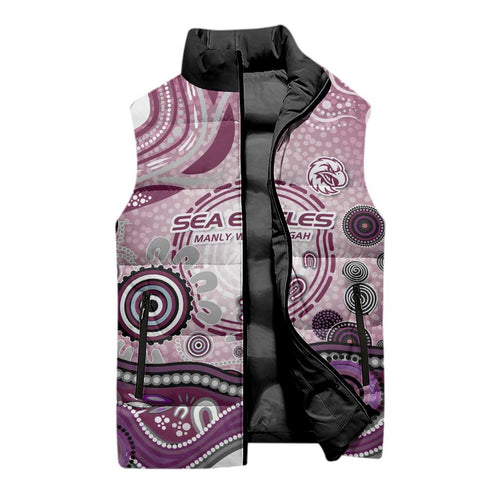 Manly Warringah Sea Eagles Rugby Sleeveless Puffer Jacket Australian Aboriginal Dot Painting Style
