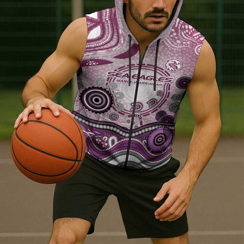 Manly Warringah Sea Eagles Rugby Sleeveless Zip Hoodie Australian Aboriginal Dot Painting Style
