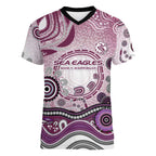 Manly Warringah Sea Eagles Rugby Women V-Neck T-Shirt Australian Aboriginal Dot Painting Style