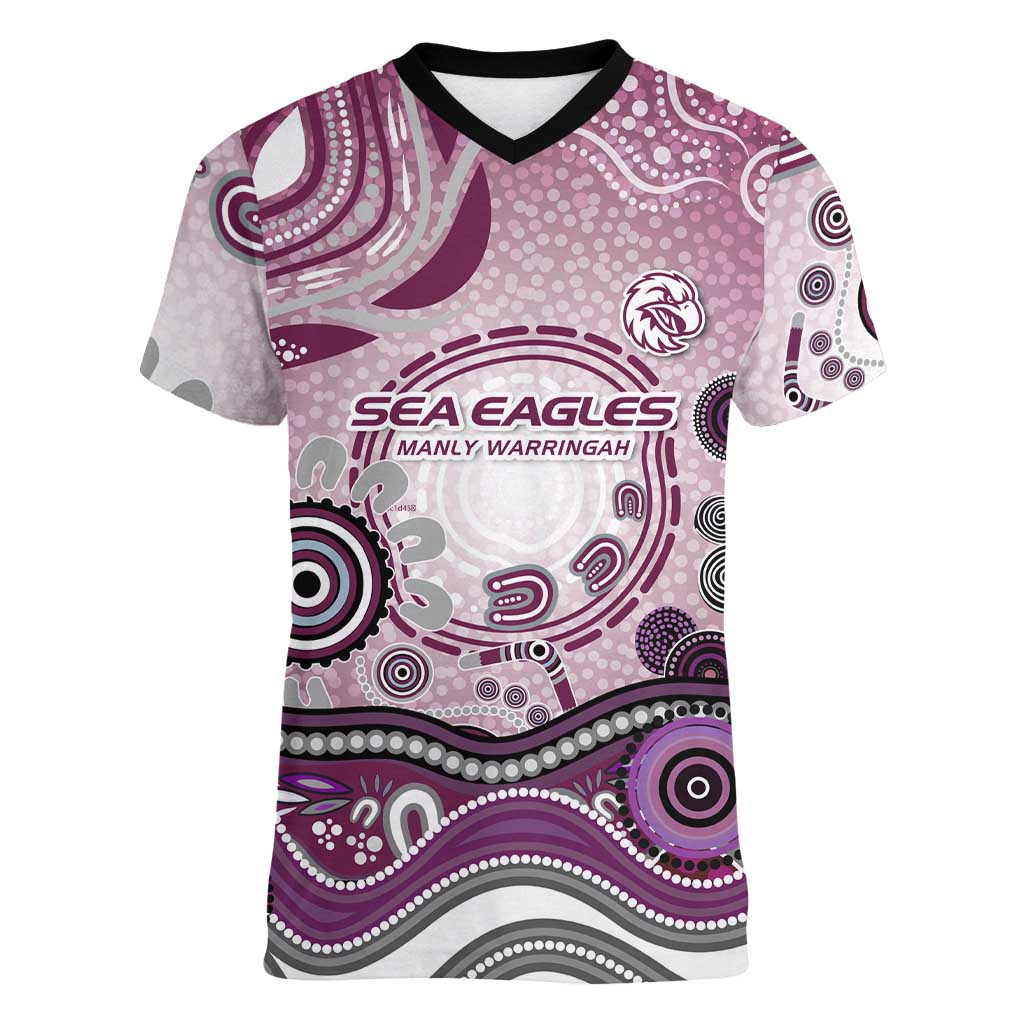 Manly Warringah Sea Eagles Rugby Women V-Neck T-Shirt Australian Aboriginal Dot Painting Style