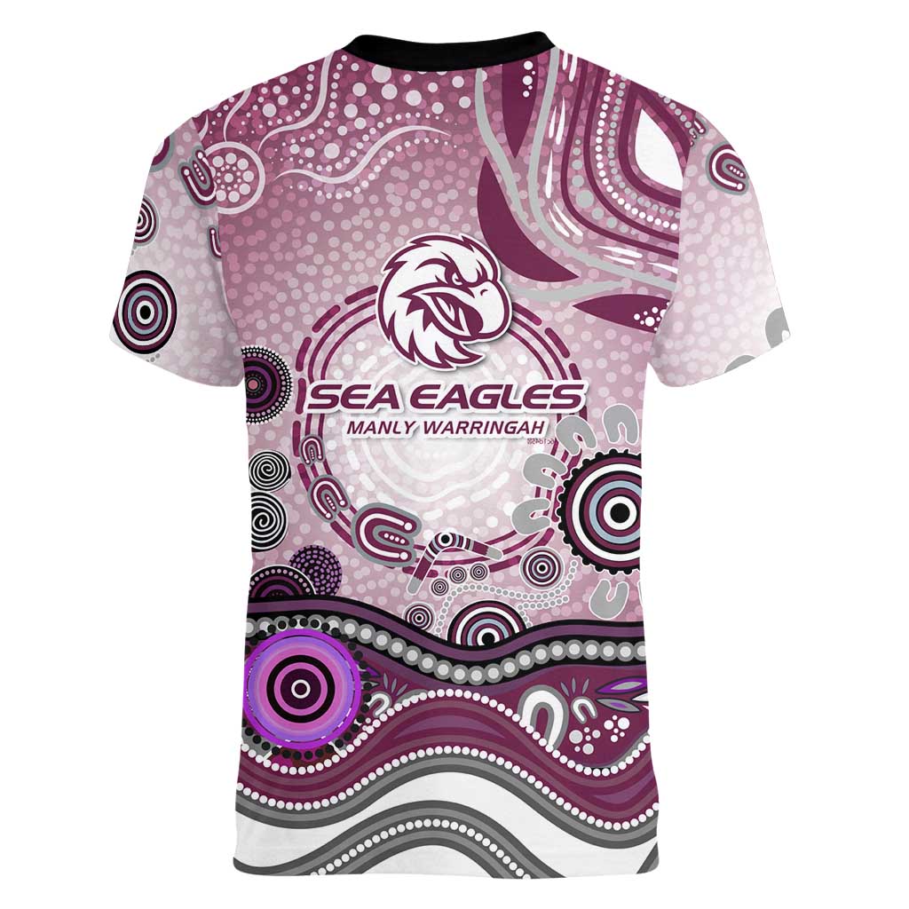 Manly Warringah Sea Eagles Rugby Women V-Neck T-Shirt Australian Aboriginal Dot Painting Style